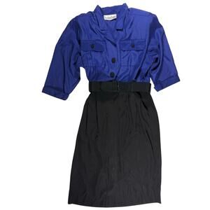 Vintage 80s Piccalino Petites Dress Women’s 8 Black Blouse Blue Skirt Belted